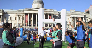 Students playing rugby in Trafalgar Square