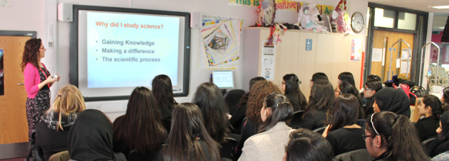 Dr Pineda-Torra presenting to Year 10-13 girls in the LRC